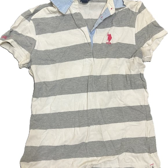 US Polo Assn Polo Shirt Women Striped Gray Short Sleeve - Picture 2 of 4